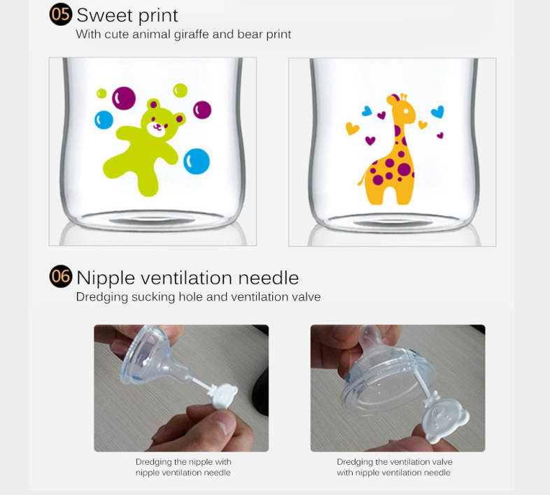 Snow Bear Cute Cartoon Animal Print 160ml Lip Simulation Wide Neck Glass Feeding Bottle
