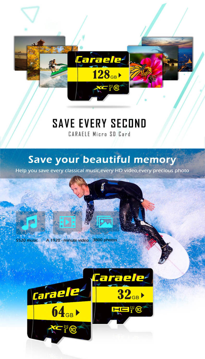 Caraele TF / Micro SD Memory Card Class 10 UHS-I