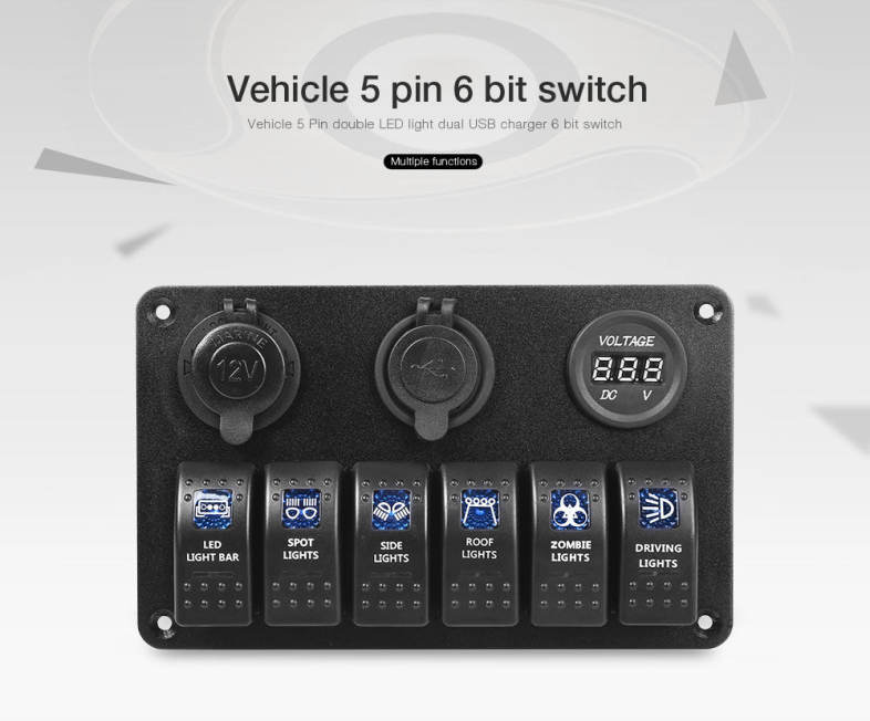 Vehicle 5 Pin Double LED Light Dual USB Charger 6 Bit Switch Voltmeter Composite Panel Water Resistance Cover