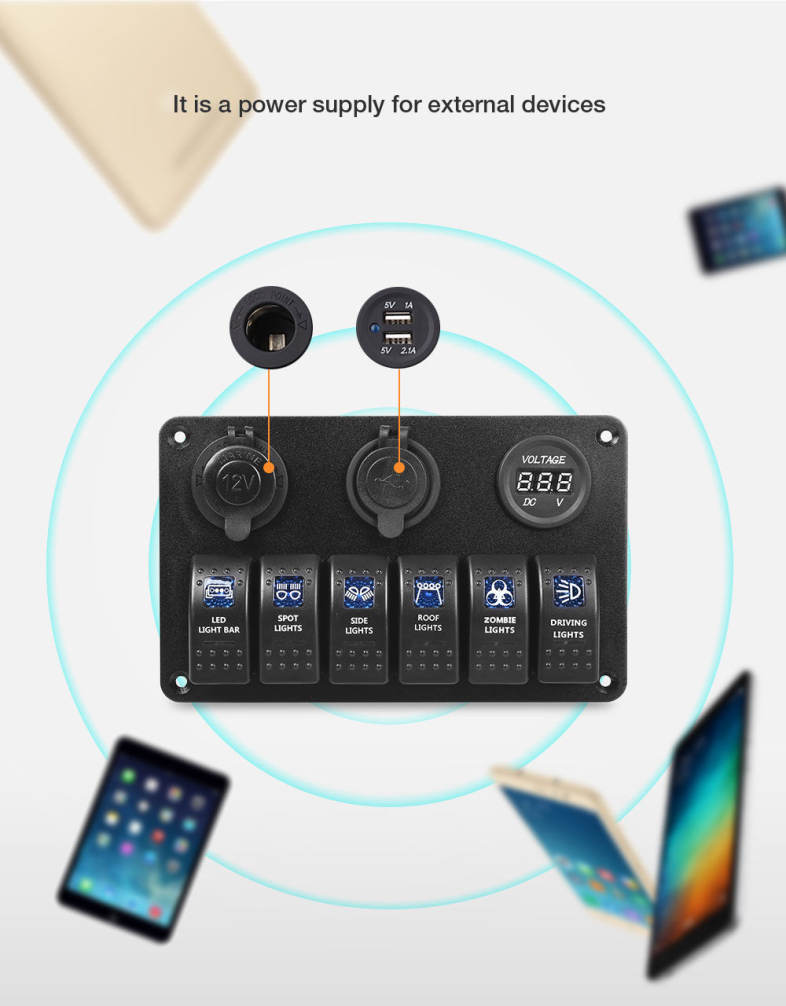 Vehicle 5 Pin Double LED Light Dual USB Charger 6 Bit Switch Voltmeter Composite Panel Water Resistance Cover