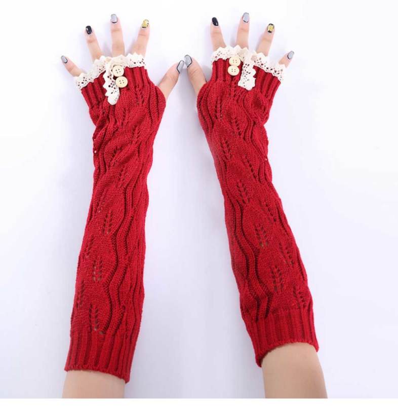 Fashionable Lace Decoration Button Hollow Out Design Long Gloves for Girls