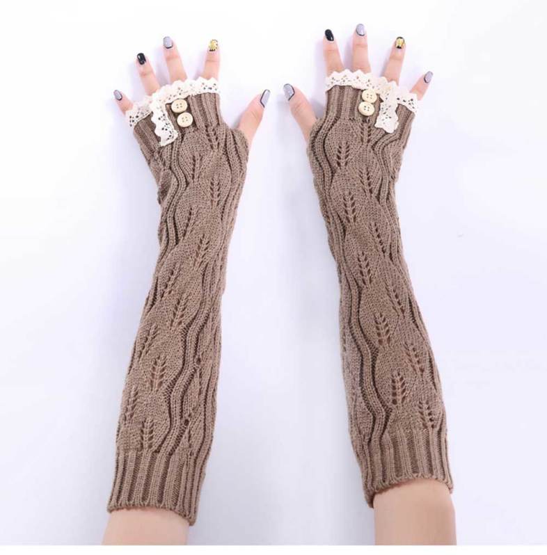 Fashionable Lace Decoration Button Hollow Out Design Long Gloves for Girls