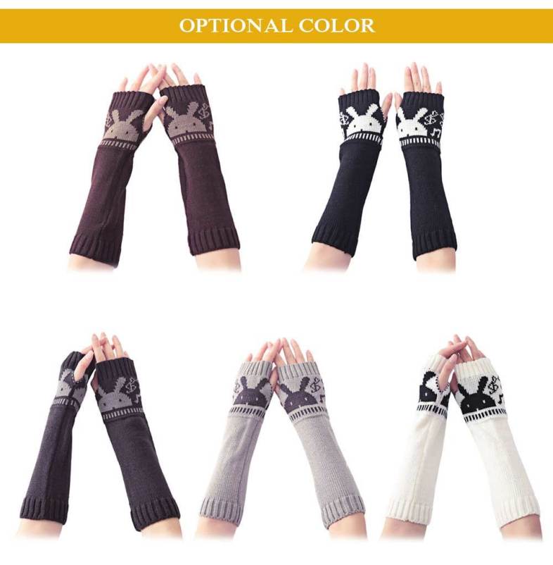 Sweet Rabbit Decoration Open Finger Warm Knitting Long Gloves for Women