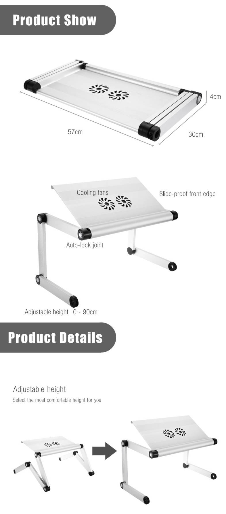 OMAX A8 Folding Computer Table Bed Tray Desk Adjustable Height for Laptop with Cooling Fans
