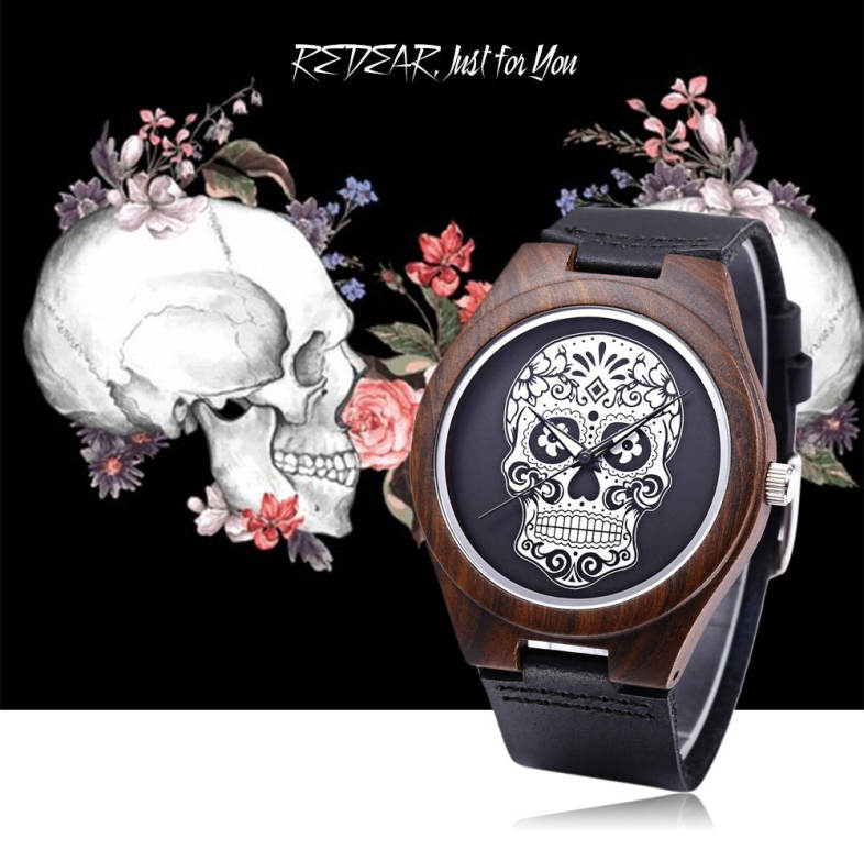 REDEAR Men Quartz Watch Skull Pattern Dial Imported Movt Wooden Case Wristwatch REDEAR Men Quartz Watch Skull Pattern Dial Imported Movt Wooden Case Wristwatch