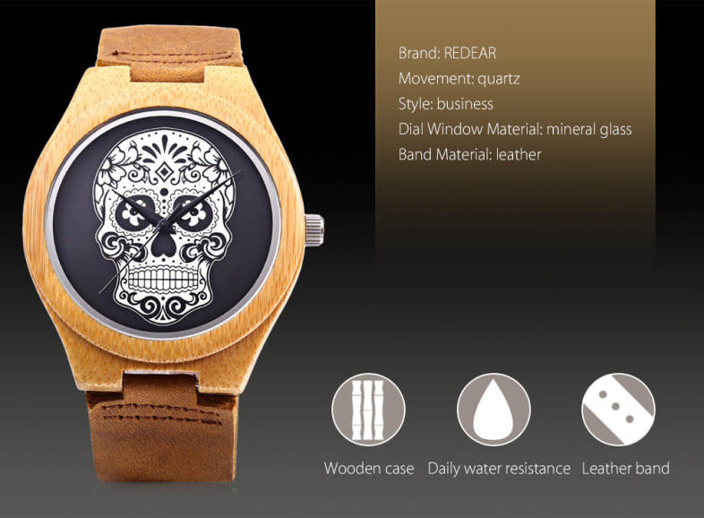 REDEAR Men Quartz Watch Skull Pattern Dial Imported Movt Wooden Case Wristwatch REDEAR Men Quartz Watch Skull Pattern Dial Imported Movt Wooden Case Wristwatch