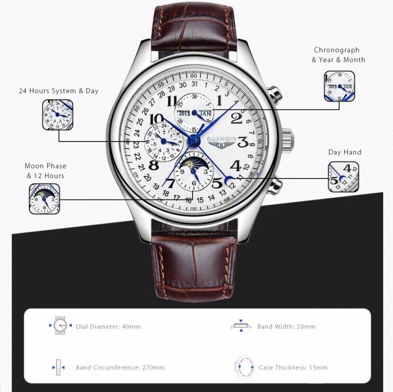 GUANQIN GQ20022 Male Auto Mechanical Watch Moon Phase Complete Calendar Men Wristwatch