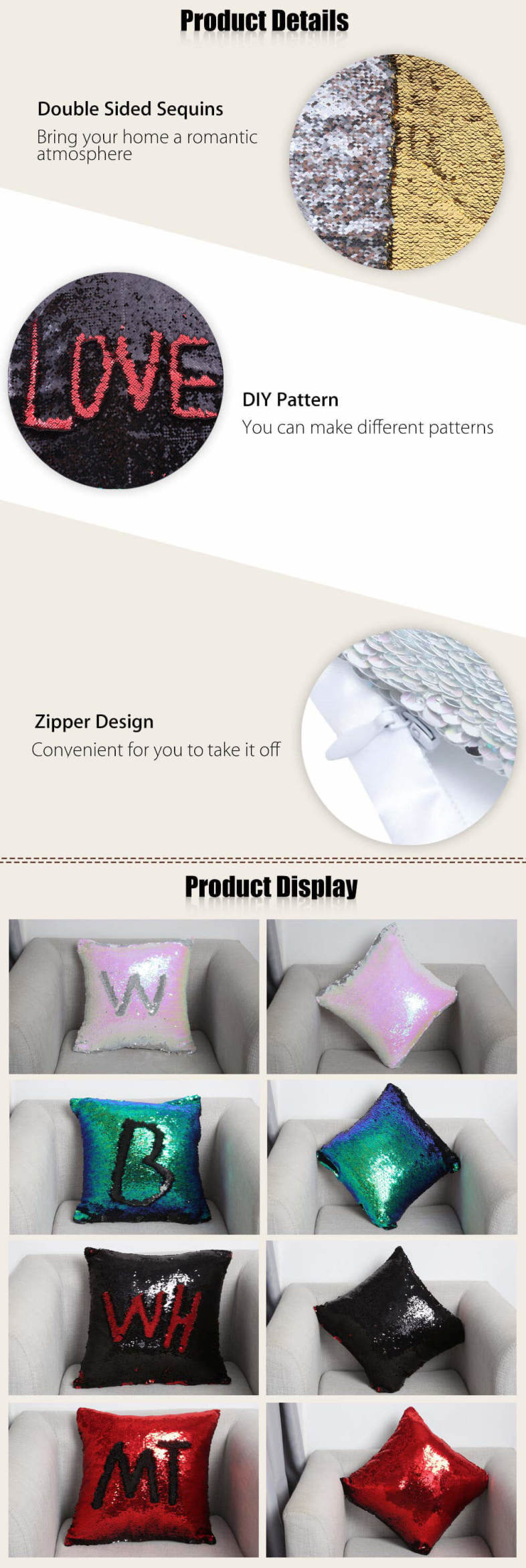 40 x 40cm DIY Two Tone Glitter Sequins Throw Pillow Decorative Cushion Cover