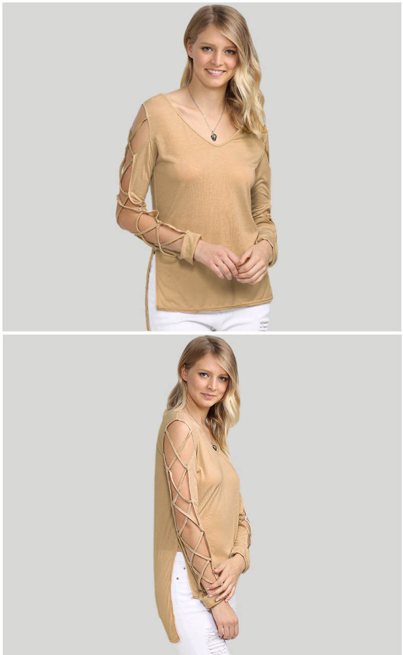 Sexy V Neck Hollow Out Solid Color Women T-Shirt