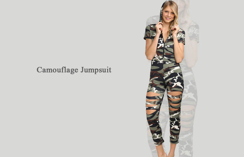 Stylish Hooded Allover Camouflage Cut Out Women Jumpsuit