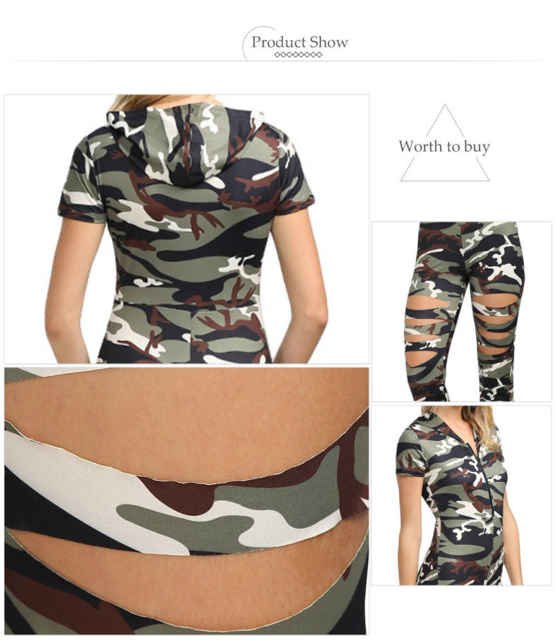 Stylish Hooded Allover Camouflage Cut Out Women Jumpsuit