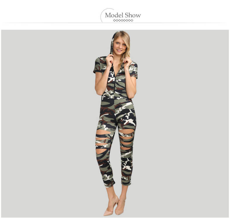 Stylish Hooded Allover Camouflage Cut Out Women Jumpsuit