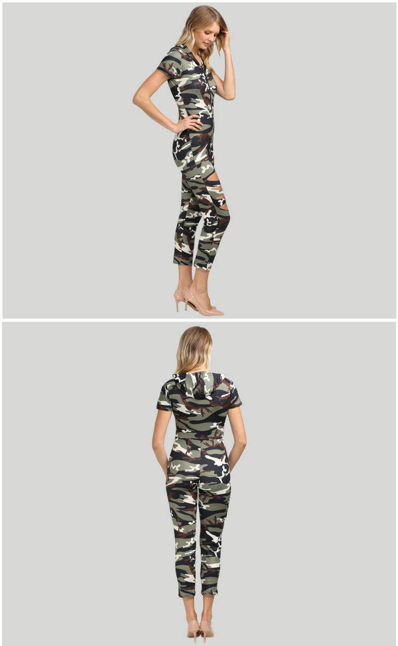 Stylish Hooded Allover Camouflage Cut Out Women Jumpsuit
