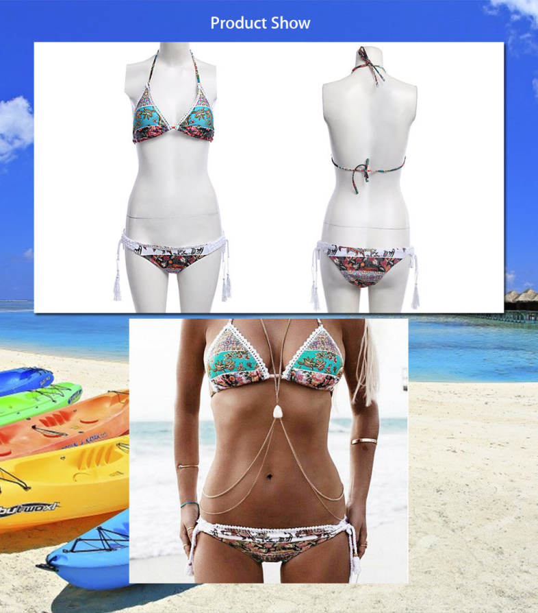 Sexy Lace Braided Printed Bikini Set Women Beach Swimwear Bathing Suit