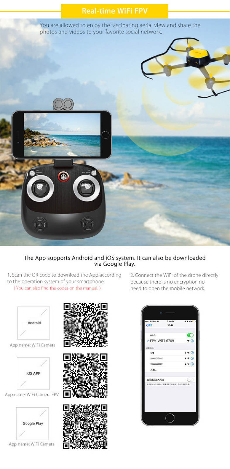 HJ TOYS QQ - FLY W606 - 6 RC Drone WiFi FPV 480P Camera 2.4GHz 6-axis Gyro Headless Mode Air Press Altitude Hold