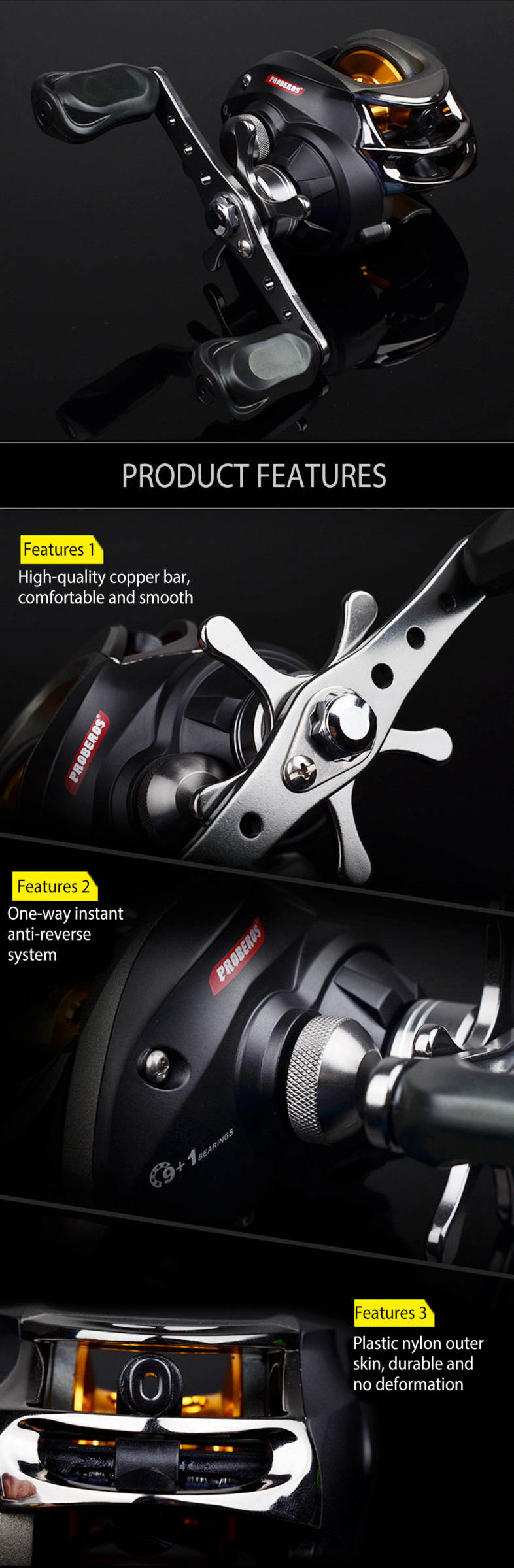 Proberos DR - 509 6.3:1 9   1 Ball Bearings Metal Spool Spinning Fishing Low-profile Reel