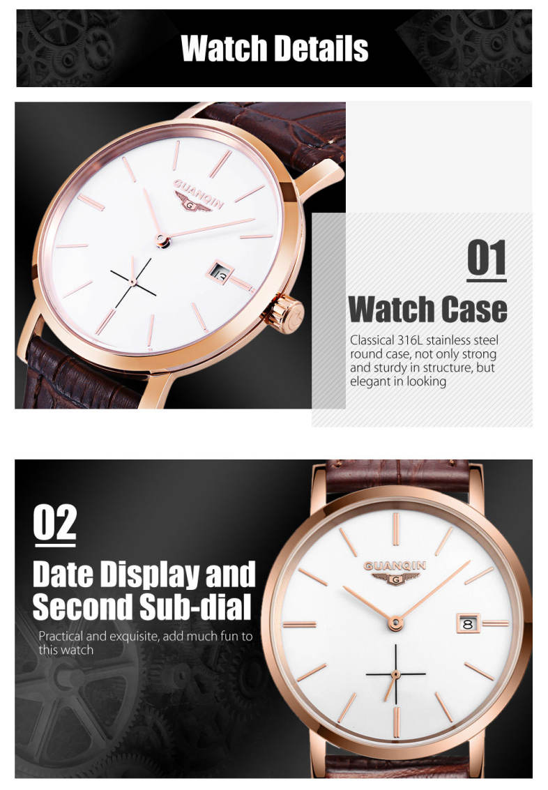 GUANQIN GJ16028 Men Auto Mechanical Watch Date Display Genuine Leather Band Wristwatch