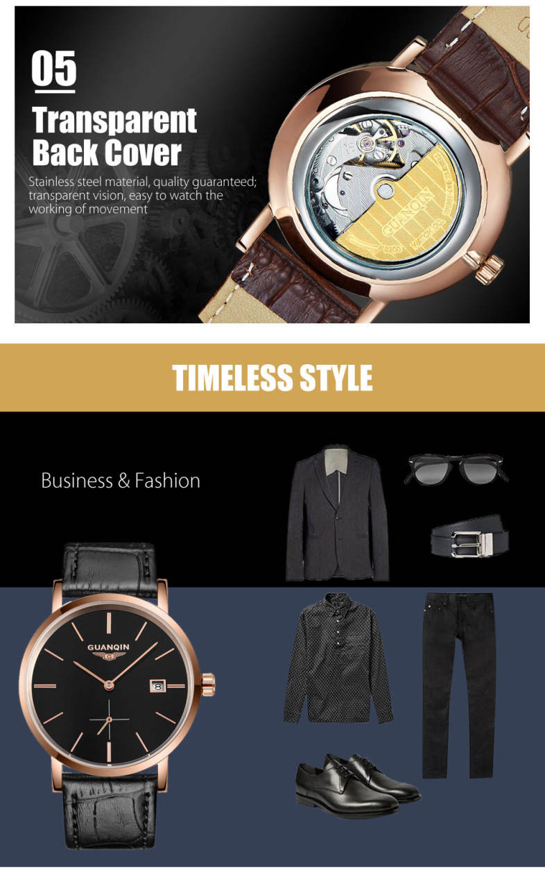 GUANQIN GJ16028 Men Auto Mechanical Watch Date Display Genuine Leather Band Wristwatch