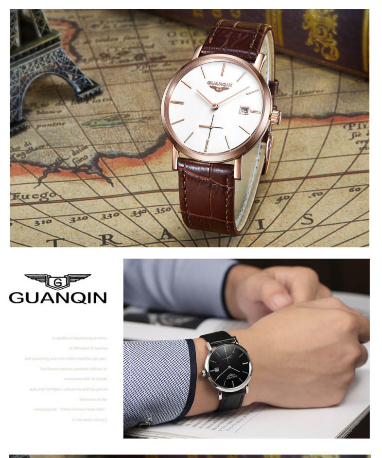 GUANQIN GJ16028 Men Auto Mechanical Watch Date Display Genuine Leather Band Wristwatch