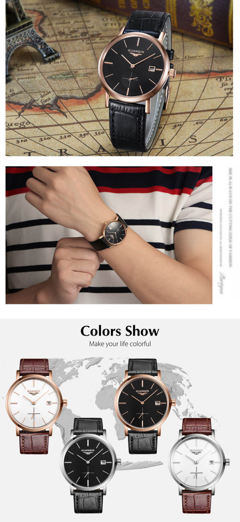 GUANQIN GJ16028 Men Auto Mechanical Watch Date Display Genuine Leather Band Wristwatch