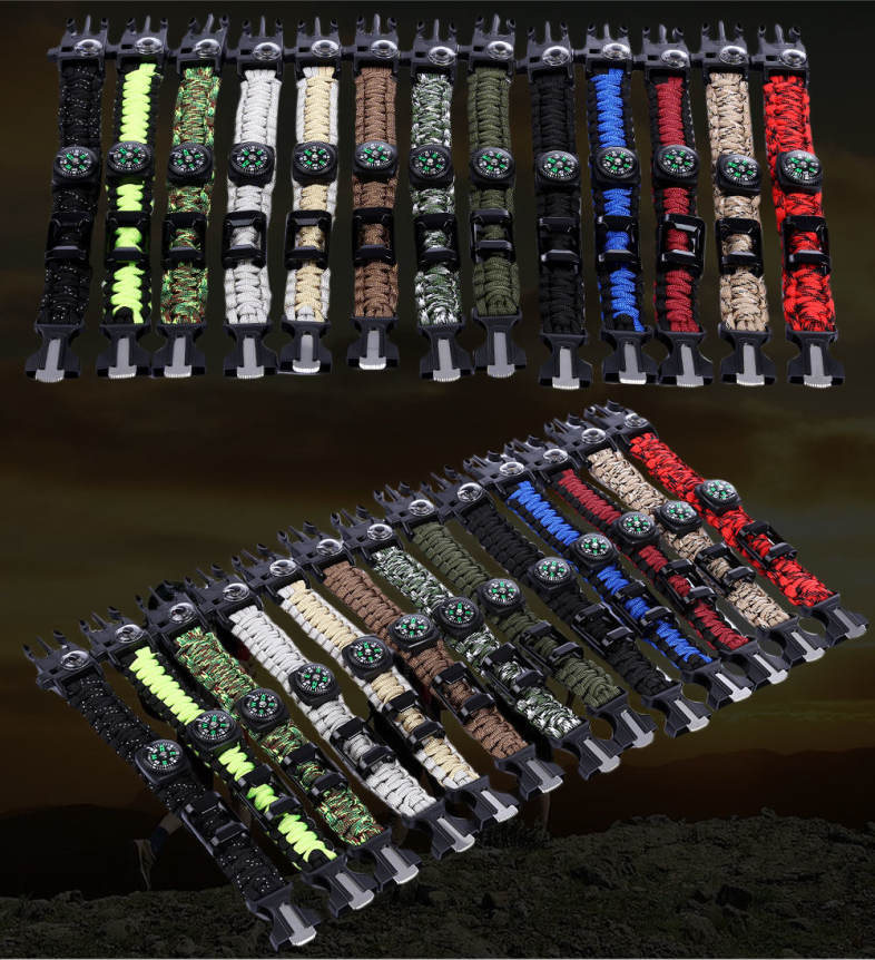 Multifunctional Outdoor Survival Bracelet Compass Whistle Parachute Flint Bottle Opener
