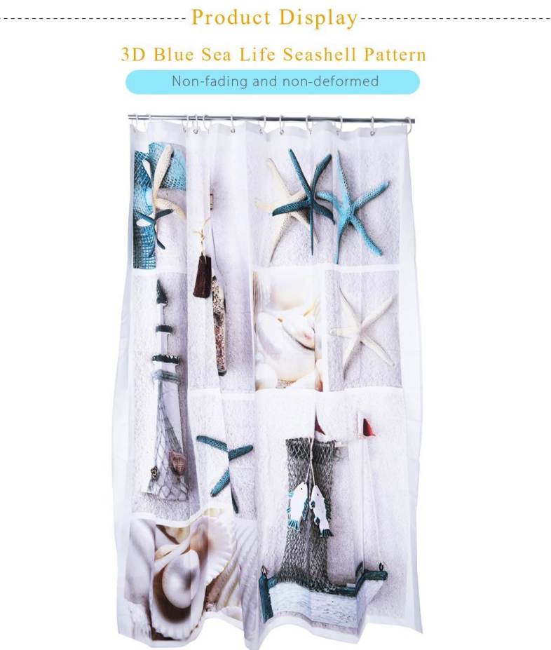 3D Blue Sea Life Seashell Pattern Water-resistant Bathing Shower Curtain Bathroom Decor