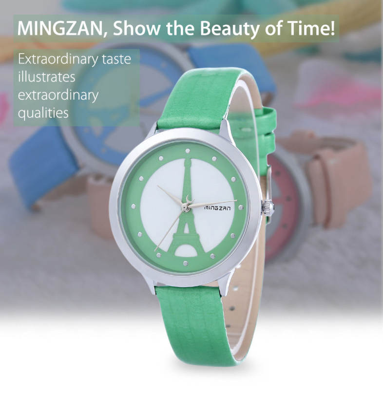 MINGZAN 6222 Women Quartz Watch Tower Pattern Dial Female Wristwatch