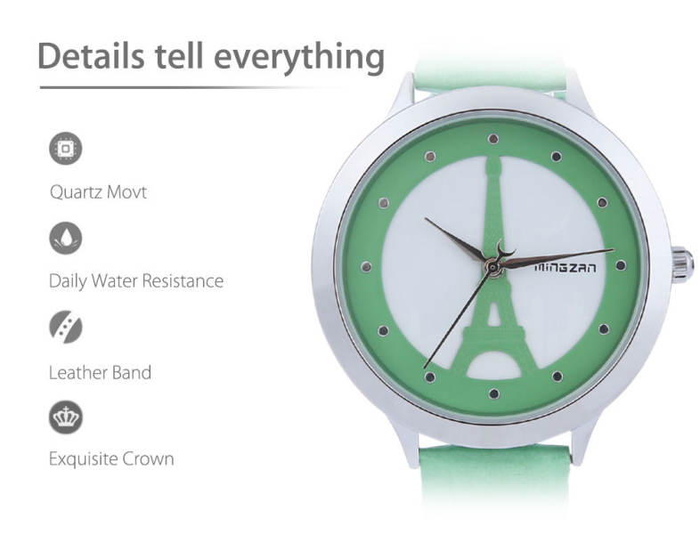 MINGZAN 6222 Women Quartz Watch Tower Pattern Dial Female Wristwatch