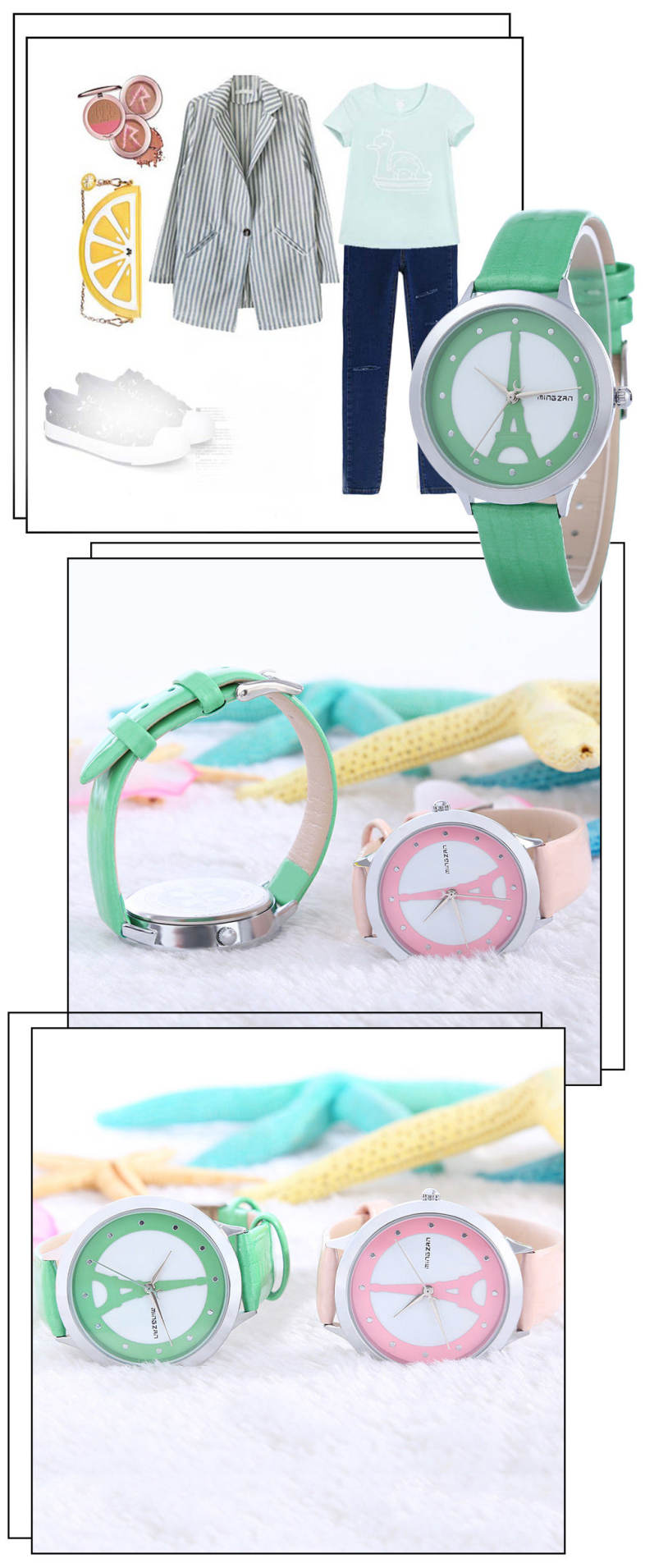 MINGZAN 6222 Women Quartz Watch Tower Pattern Dial Female Wristwatch