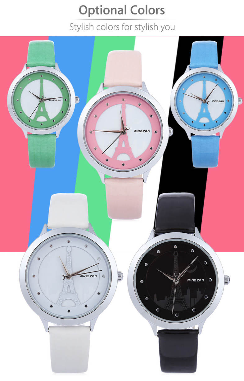 MINGZAN 6222 Women Quartz Watch Tower Pattern Dial Female Wristwatch