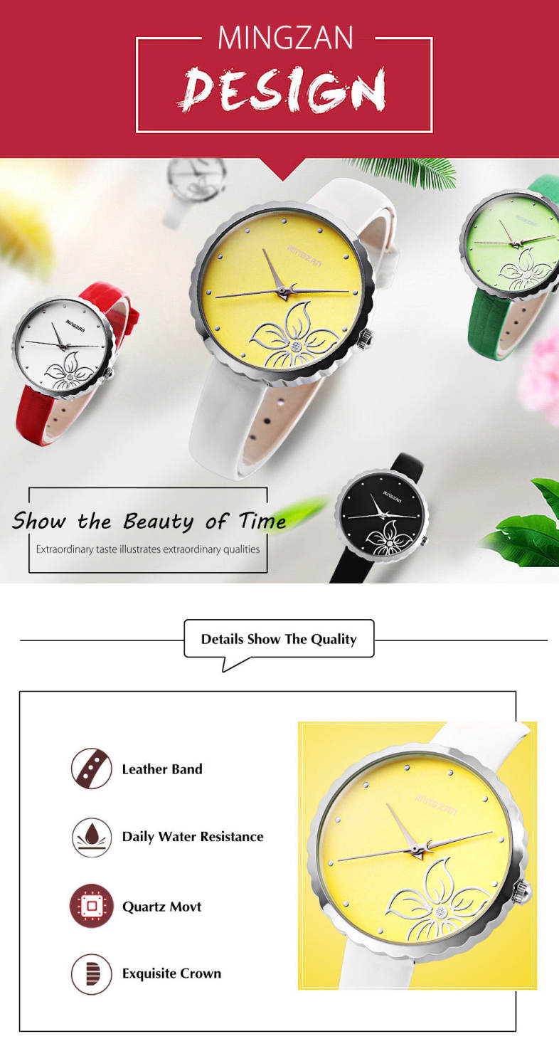 MINGZAN 6107 Women Quartz Watch Flower Pattern Dial Female Wristwatch