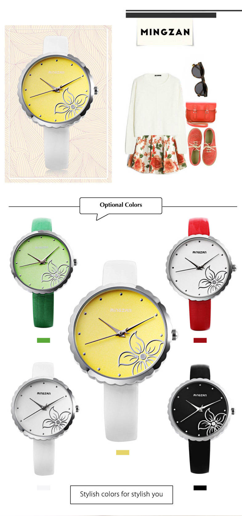 MINGZAN 6107 Women Quartz Watch Flower Pattern Dial Female Wristwatch