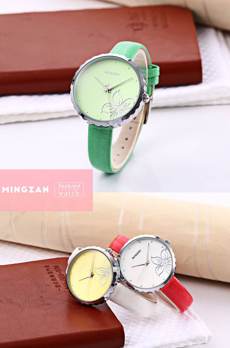 MINGZAN 6107 Women Quartz Watch Flower Pattern Dial Female Wristwatch