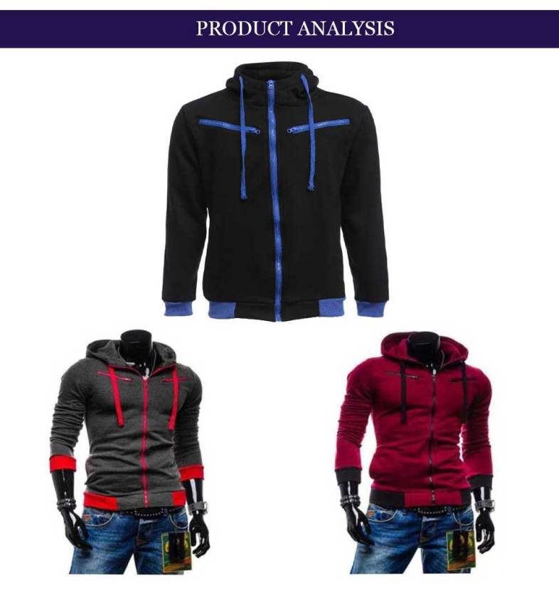 Casual Fleece Color Block Zipper Decoration Hoodies for Men