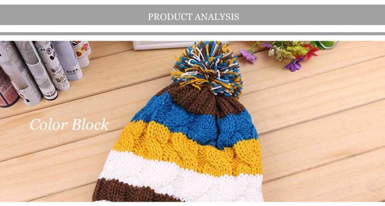 Casual Winter Color Block Venonat Design Warm Inside Knitted Hat for Girls