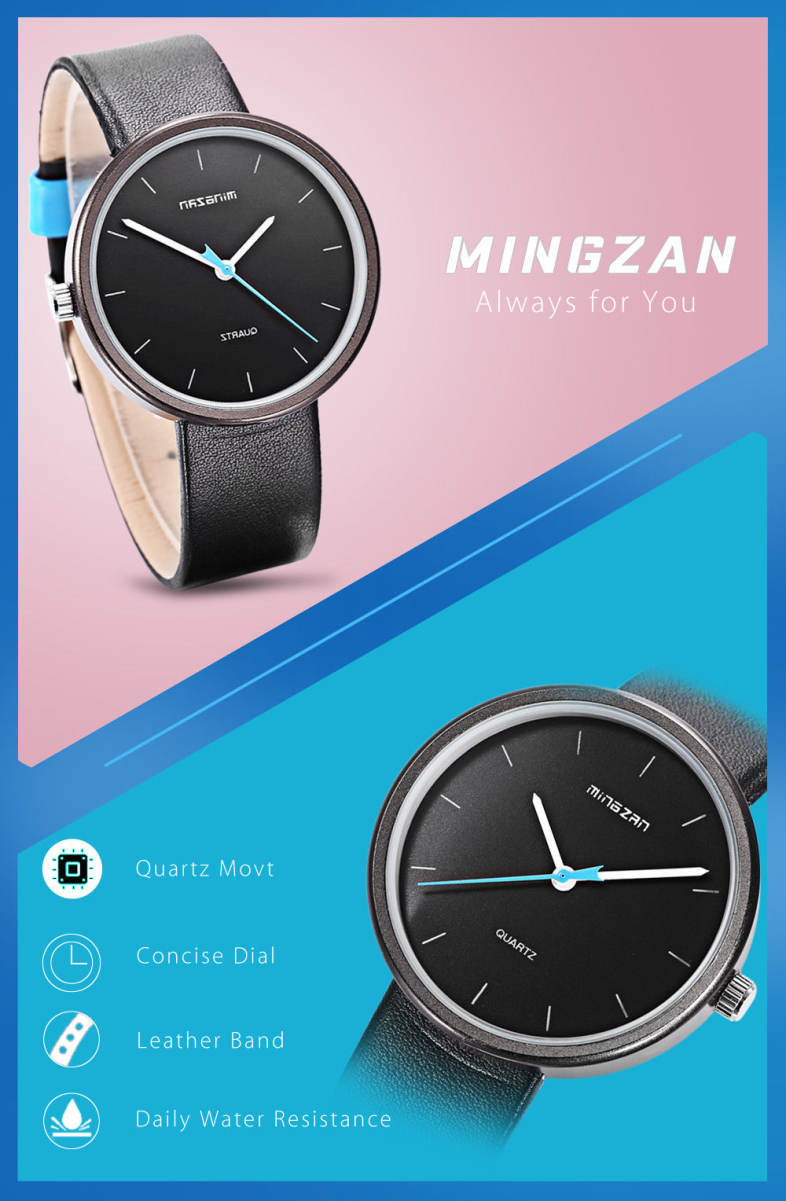 MINGZAN 6221 Unisex Quartz Watch Concise Dial Leather Band Daily Water Resistance Wristwatch