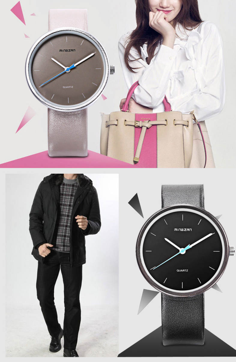 MINGZAN 6221 Unisex Quartz Watch Concise Dial Leather Band Daily Water Resistance Wristwatch