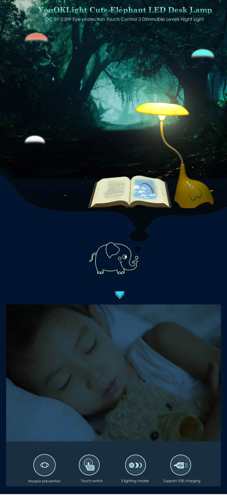 YouOKLight Cute Elephant DC 5V 0.8W LED Desk Lamp Eye-protection Touch Control 3 Dimmable Levels Night Light