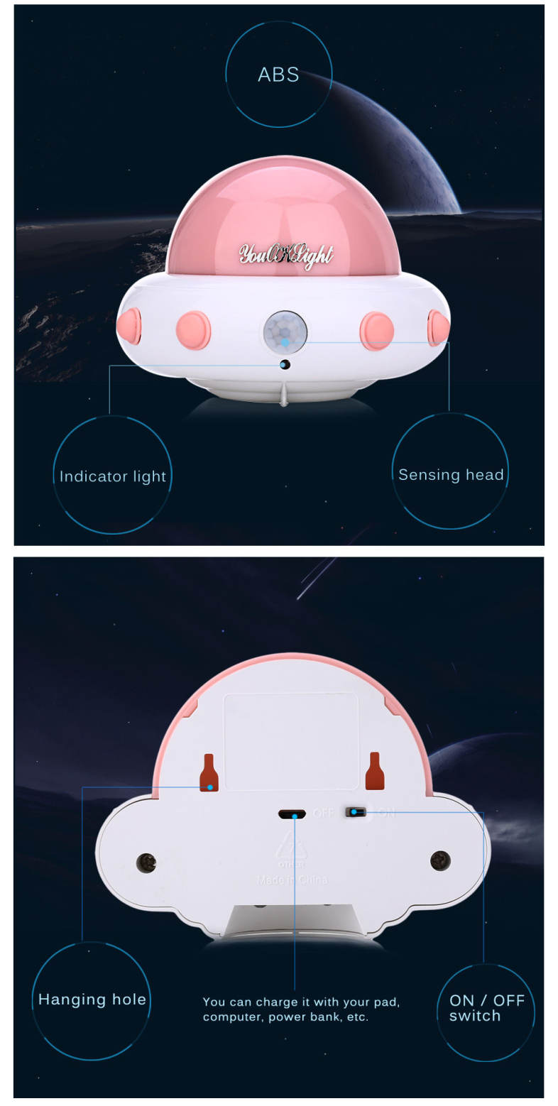 YouOKLight DC 5V 1W Flying Saucer UFO Shaped LED Night Light Motion Sensor Lamp for Kids Nursery Bedroom