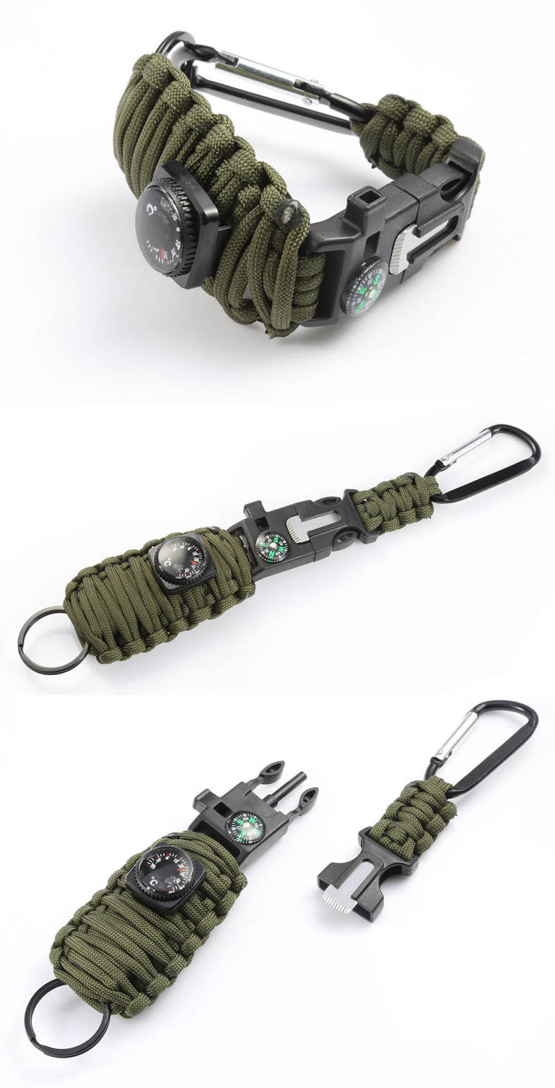 Outdoor Emergency Paracord Survival Bracelet Kit with Compass Whistle Carabiner Keyring