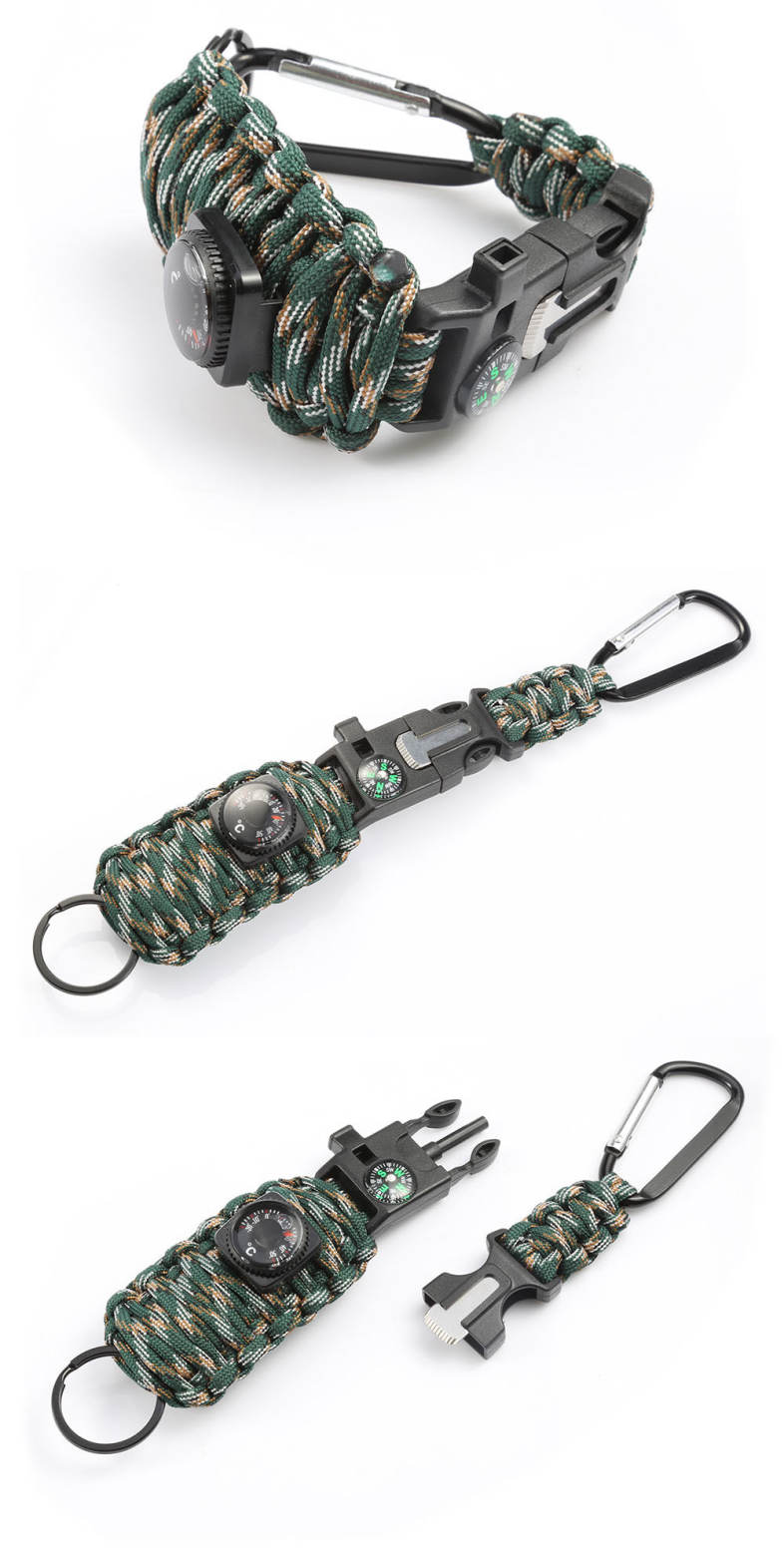 Outdoor Emergency Paracord Survival Bracelet Kit with Compass Whistle Carabiner Keyring