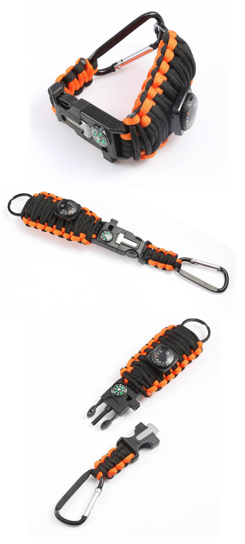 Outdoor Emergency Paracord Survival Bracelet Kit with Compass Whistle Carabiner Keyring