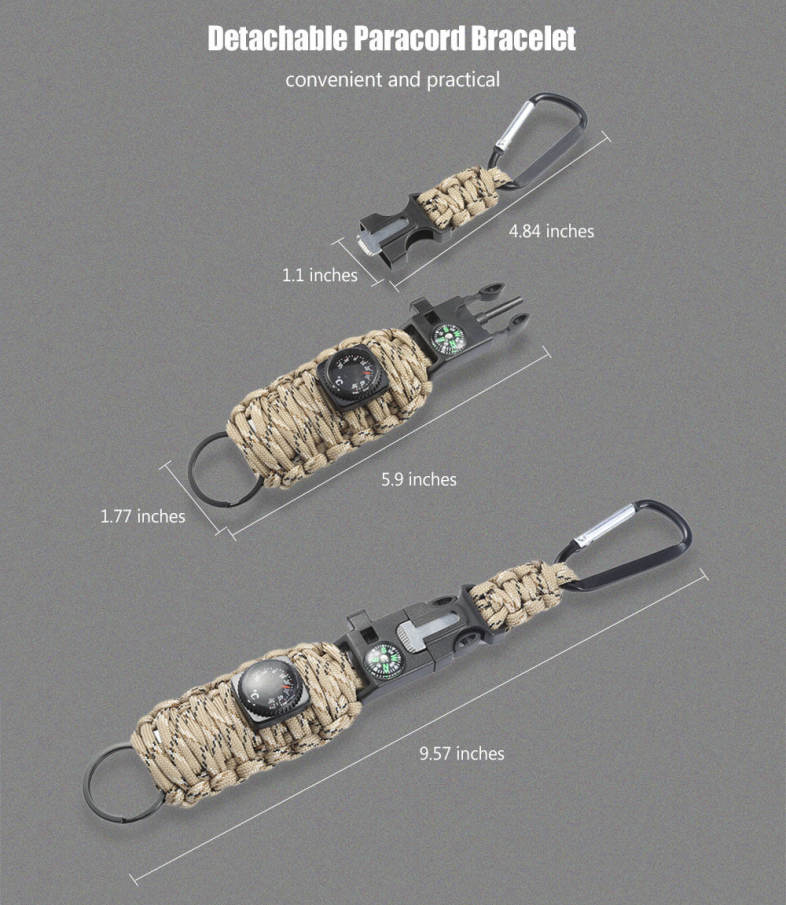 Outdoor Emergency Paracord Survival Bracelet Kit with Compass Whistle Carabiner Keyring