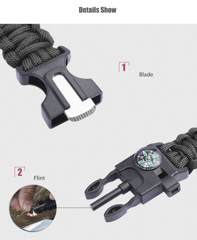 Outdoor Emergency Paracord Survival Bracelet Kit with Compass Whistle Carabiner Keyring
