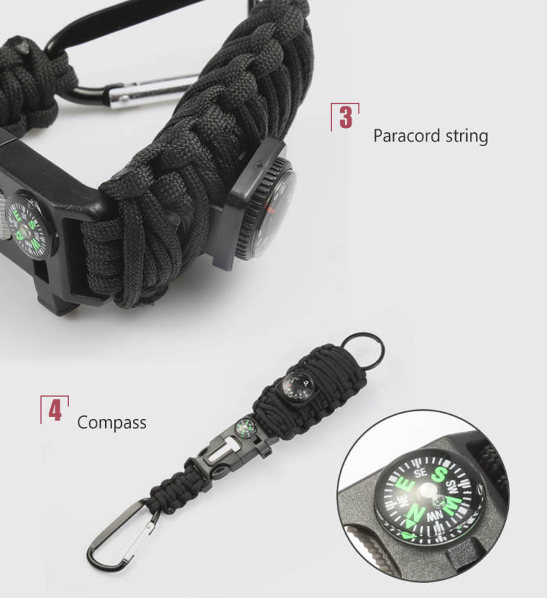 Outdoor Emergency Paracord Survival Bracelet Kit with Compass Whistle Carabiner Keyring