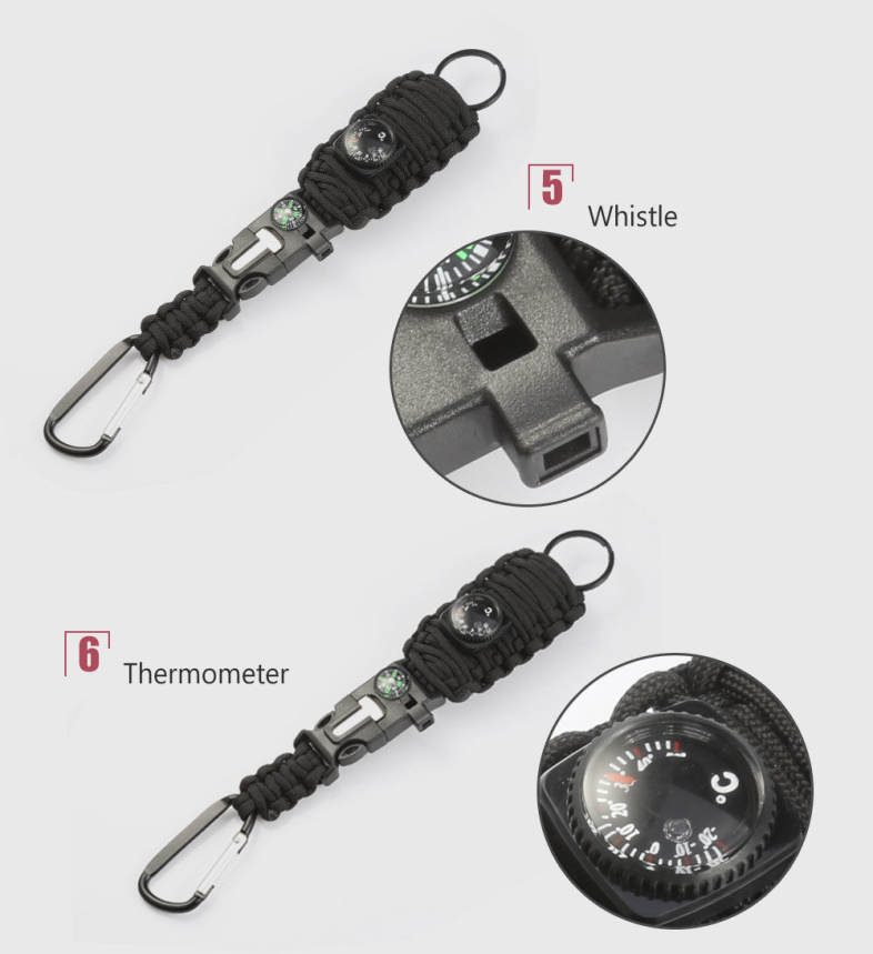 Outdoor Emergency Paracord Survival Bracelet Kit with Compass Whistle Carabiner Keyring