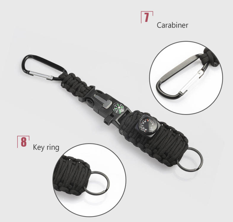 Outdoor Emergency Paracord Survival Bracelet Kit with Compass Whistle Carabiner Keyring