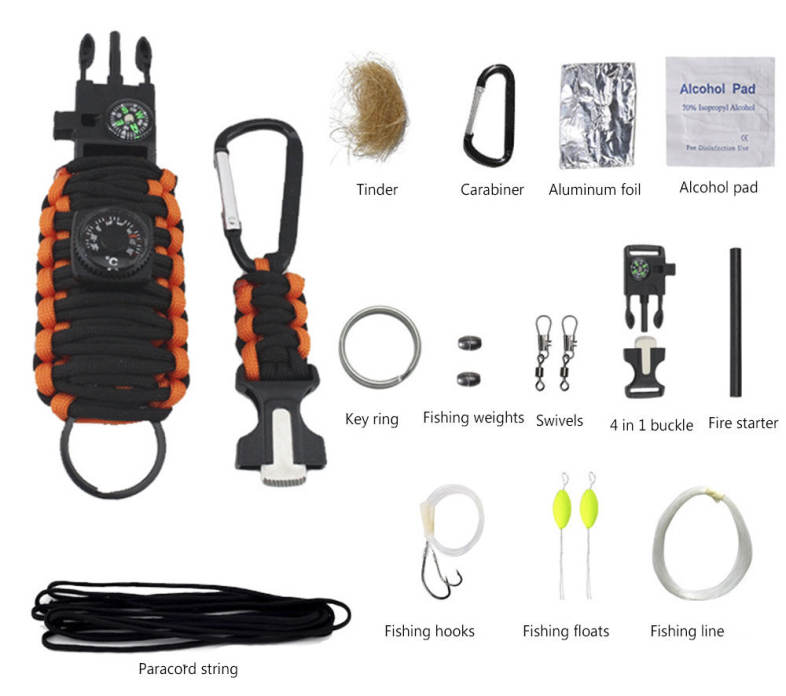 Outdoor Emergency Paracord Survival Bracelet Kit with Compass Whistle Carabiner Keyring