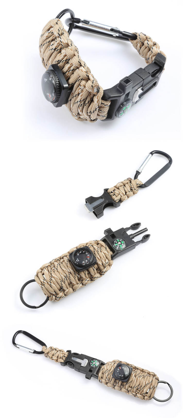 Outdoor Emergency Paracord Survival Bracelet Kit with Compass Whistle Carabiner Keyring