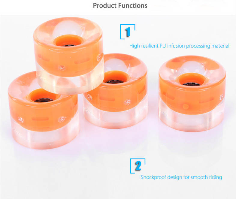 4pcs 60 x 45MM Outdoor Sport PU LED Transparent Skateboarding Wheels